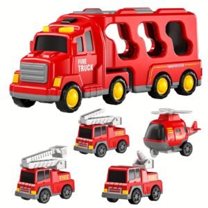 5 in 1 Fire Engine Toy Set with Friction Powered Vehicles and Accessories (Color May Vary)