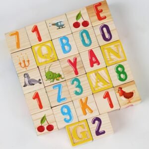 Wooden Alphabet Block Set with Letters, Numbers and Colorful Designs