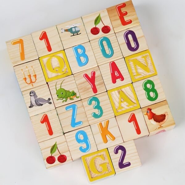 Wooden Alphabet Block Set with Letters, Numbers and Colorful Designs