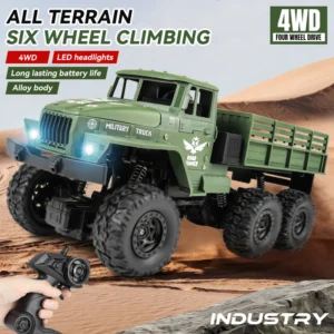 ZWN 1:16 2.4G Aluminum Alloy Six Wheel Military RC Truck with Lights Outdoor Remote Control Cars Toys Gift for Children