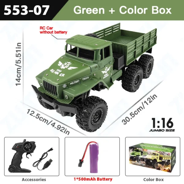 ZWN 1:16 2.4G Aluminum Alloy Six Wheel Military RC Truck with Lights Outdoor Remote Control Cars Toys Gift for Children