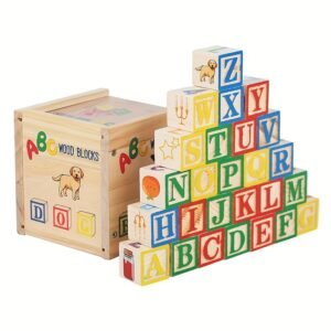 Wooden Alphabet Block Set with Letters, Numbers and Colorful Designs