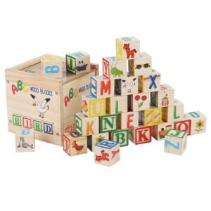 Wooden Alphabet Block Set with Letters, Numbers and Colorful Designs