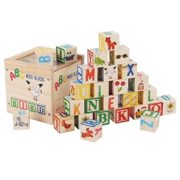 Wooden Alphabet Block Set with Letters, Numbers and Colorful Designs