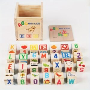 Wooden Alphabet Block Set with Letters, Numbers and Colorful Designs